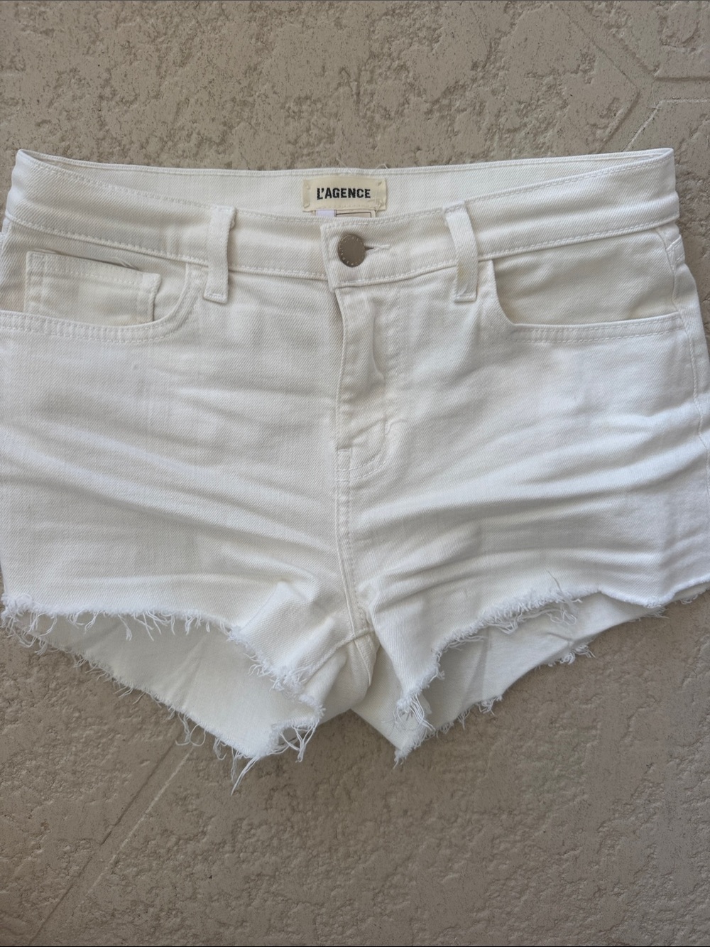 L'AGENCE White Frayed Hem Denim Cutoff Shorts